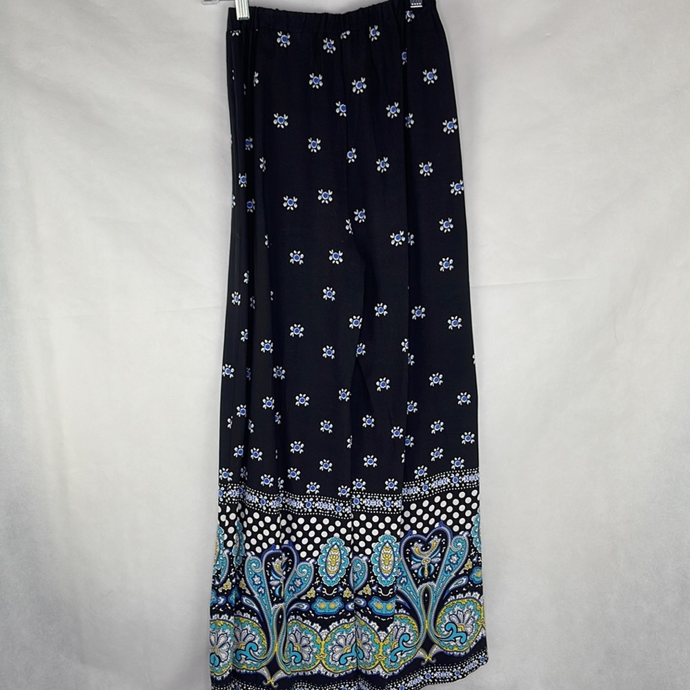 Boho Print Palazzo Pants Black Blue Aqua Yellow Paisley - Picture 4 of 4